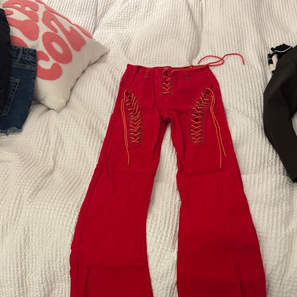 Edikted Red Lace-Up Flare Pants